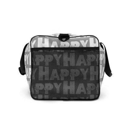 Duffle bag Happy sponge print black and white on grey water-resistant durable gym bag end view mesh outer pocket HappyStuff Brand