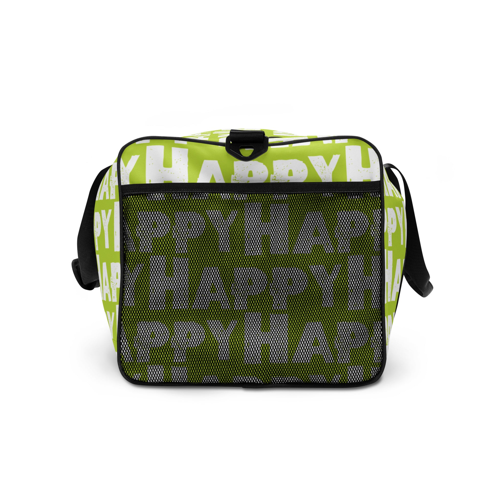 Duffle bag Happy sponge print black and white on green water-resistant durable gym bag end view mesh outer pocket HappyStuff Brand