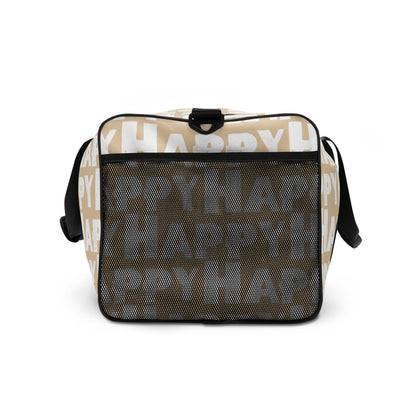 Duffle bag Happy sponge print black and white on beige water-resistant durable gym bag end view mesh outer pocket HappyStuff Brand