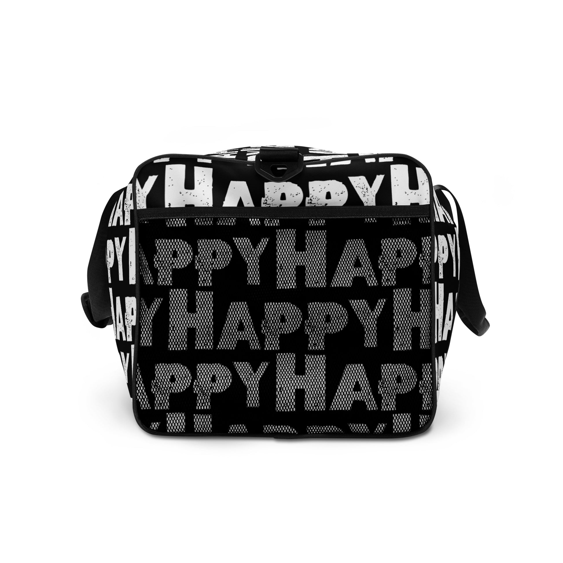 Duffle bag Happy sponge print black and white water-resistant durable gym bag end view mesh outer pocket HappyStuff Brand