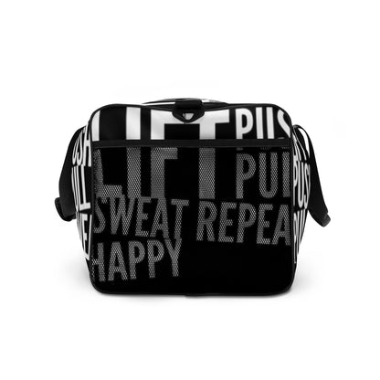 Duffle bag Lift Push Pull Sweat Repeat Happy all over print black and white gym bag end view mesh outer pocket HappyStuff Brand