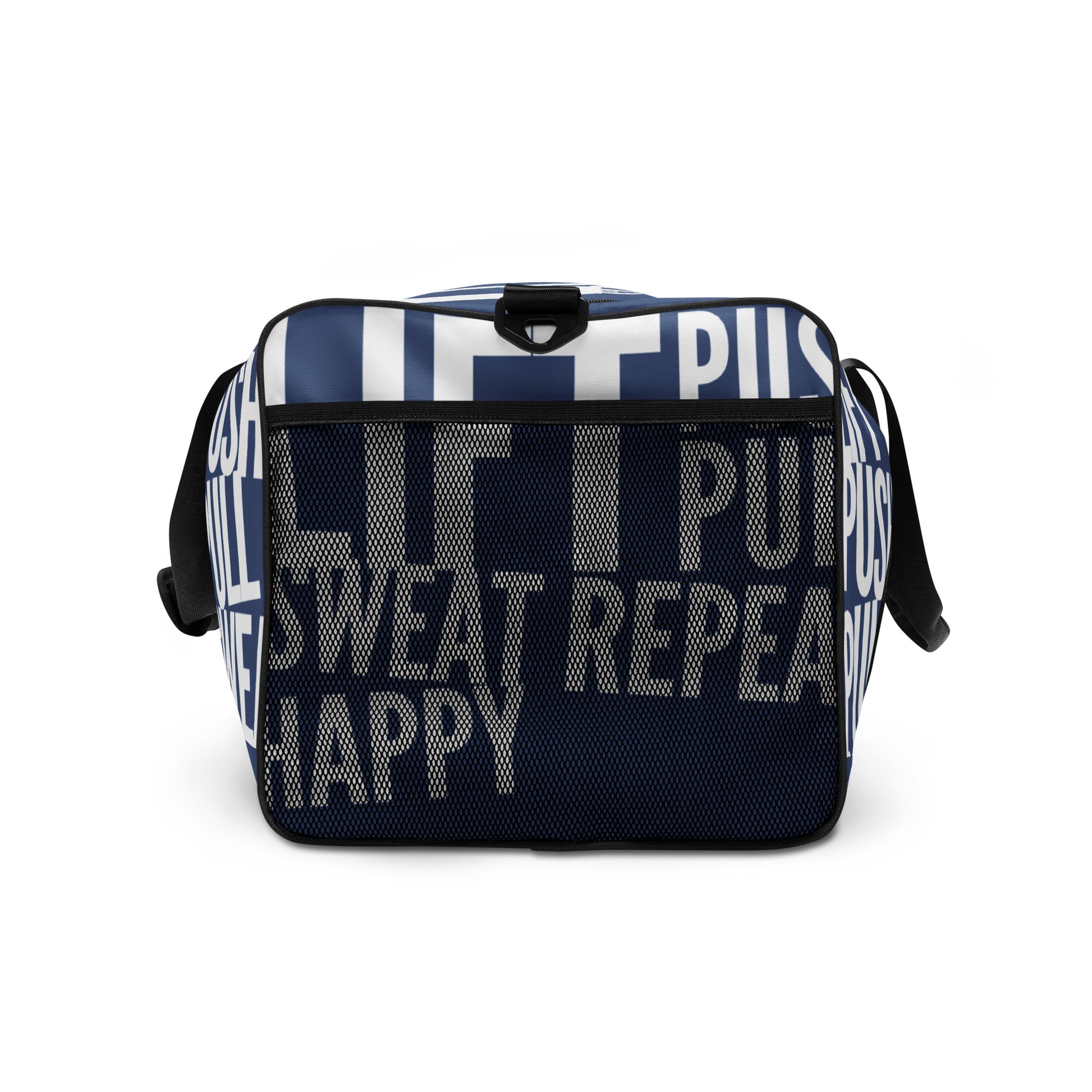 Duffle bag Lift Push Pull Sweat Repeat Happy all over print denim blue and white gym bag end view mesh outer pocket HappyStuff Brand