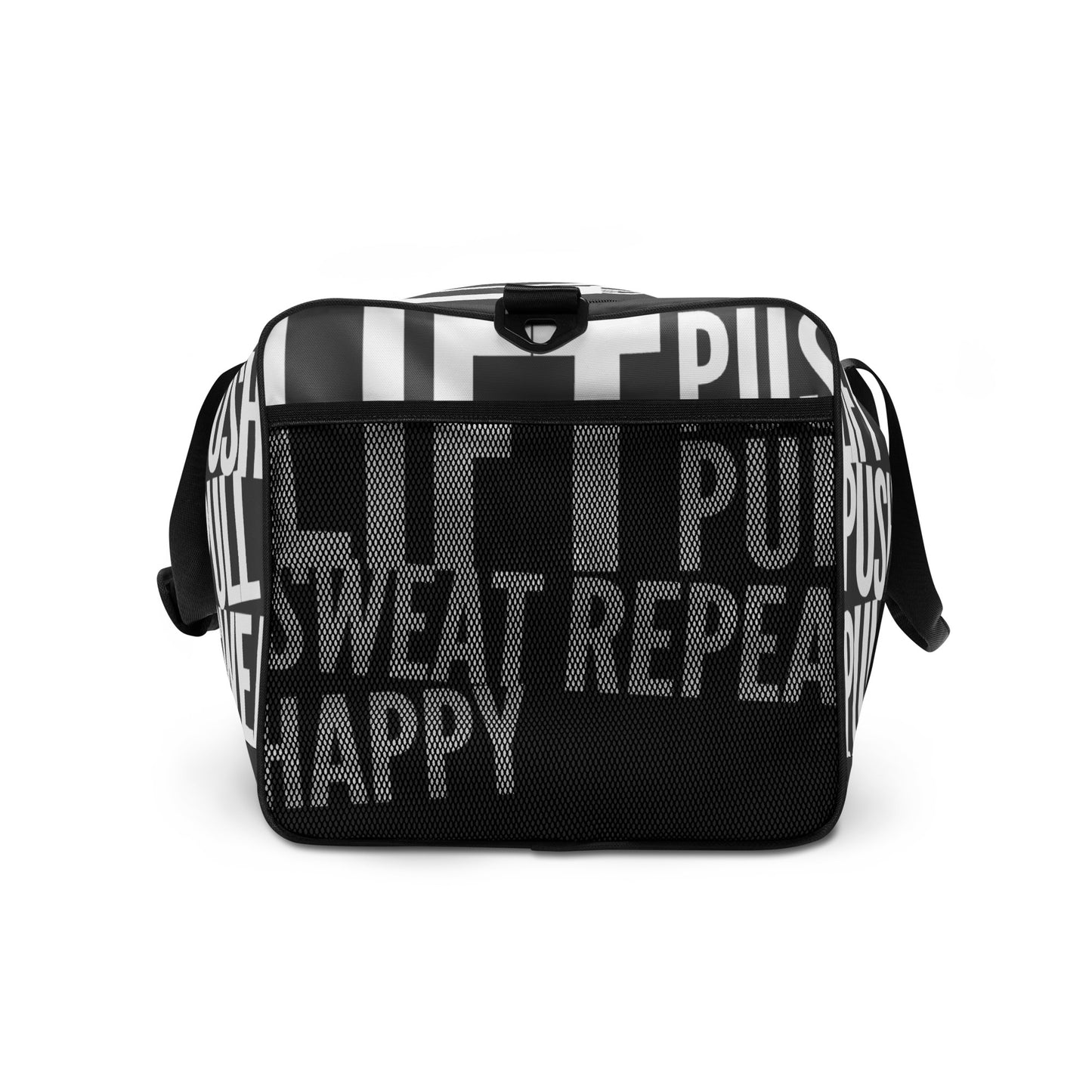 Duffle bag Lift Push Pull Sweat Repeat Happy all over print slate grey and white gym bag end view mesh outer pocket HappyStuff Brand