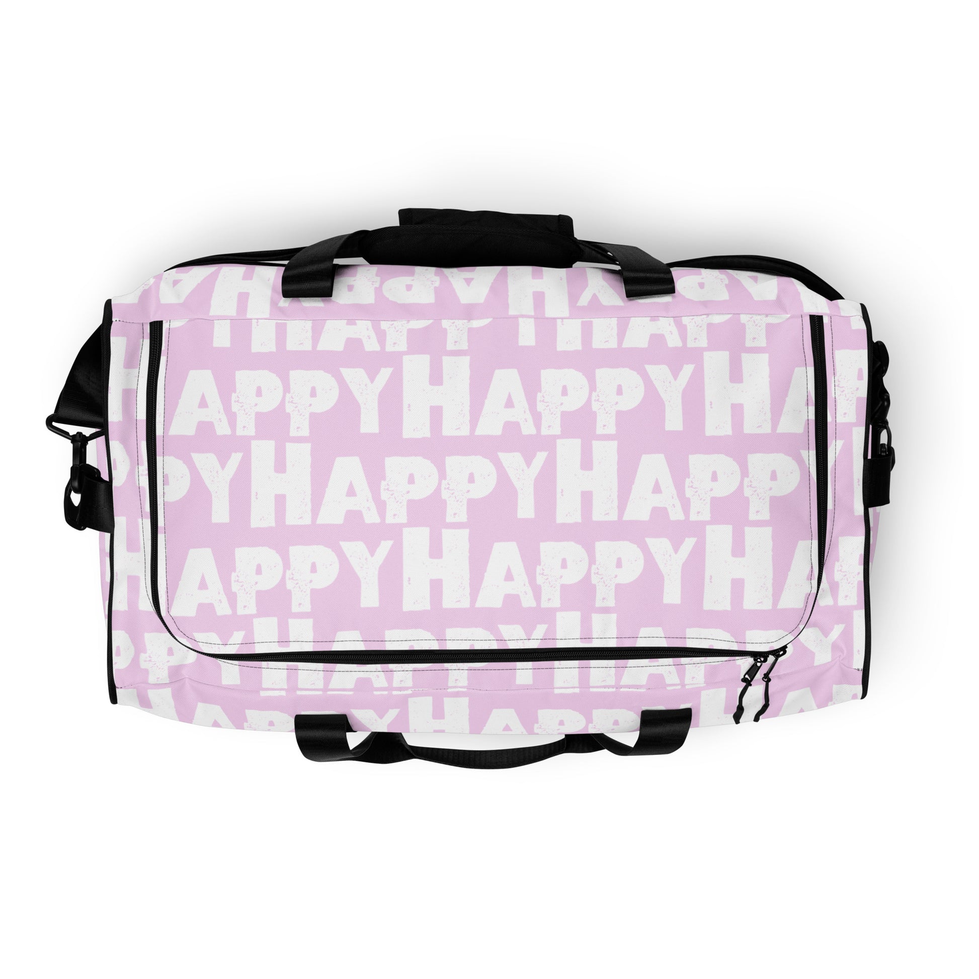 Top view Duffle bag zipper opening Happy sponge print black and white on pink water-resistant durable gym bag HappyStuff Brand