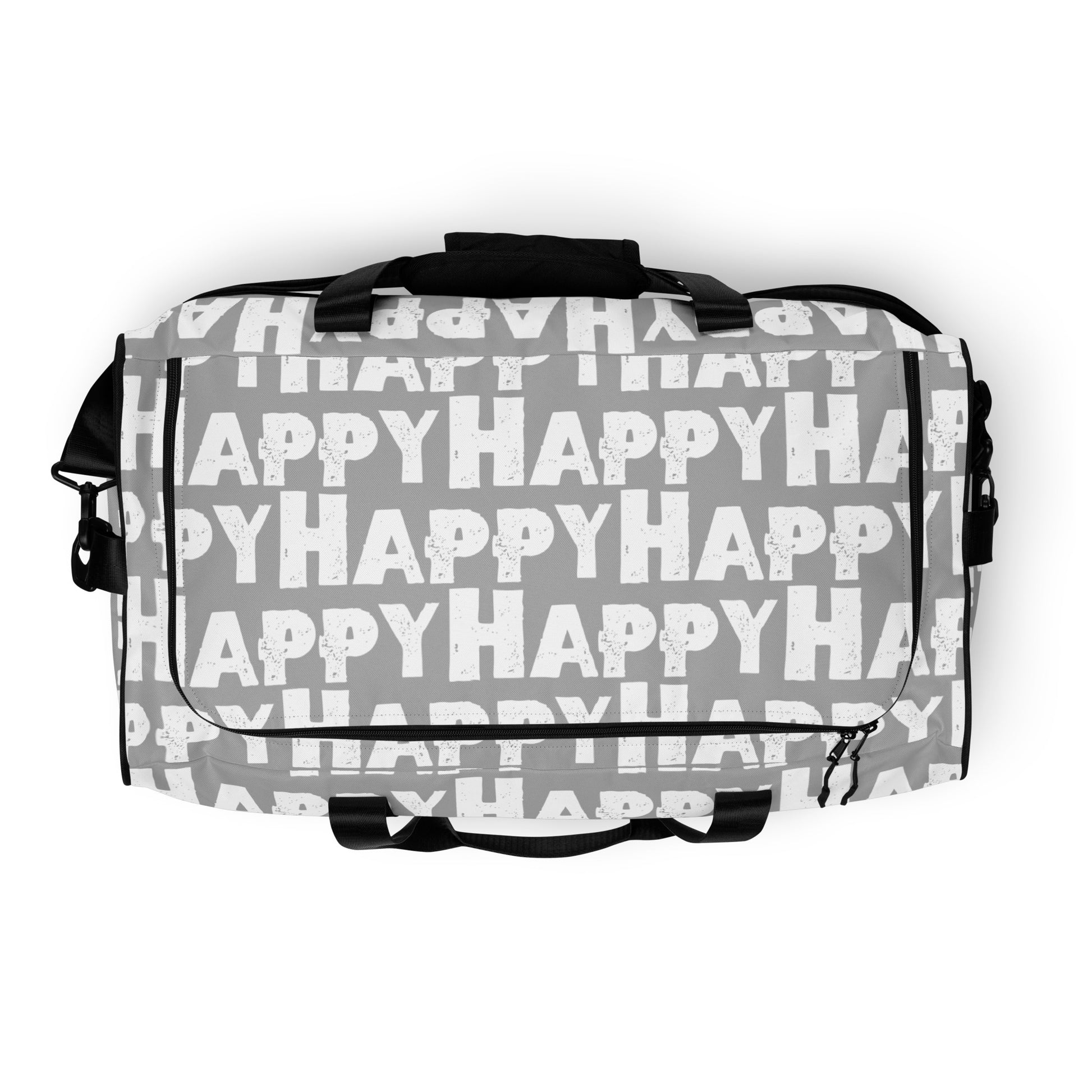 Top view Duffle bag zipper opening Happy sponge print black and white on grey water-resistant durable gym bag HappyStuff Brand