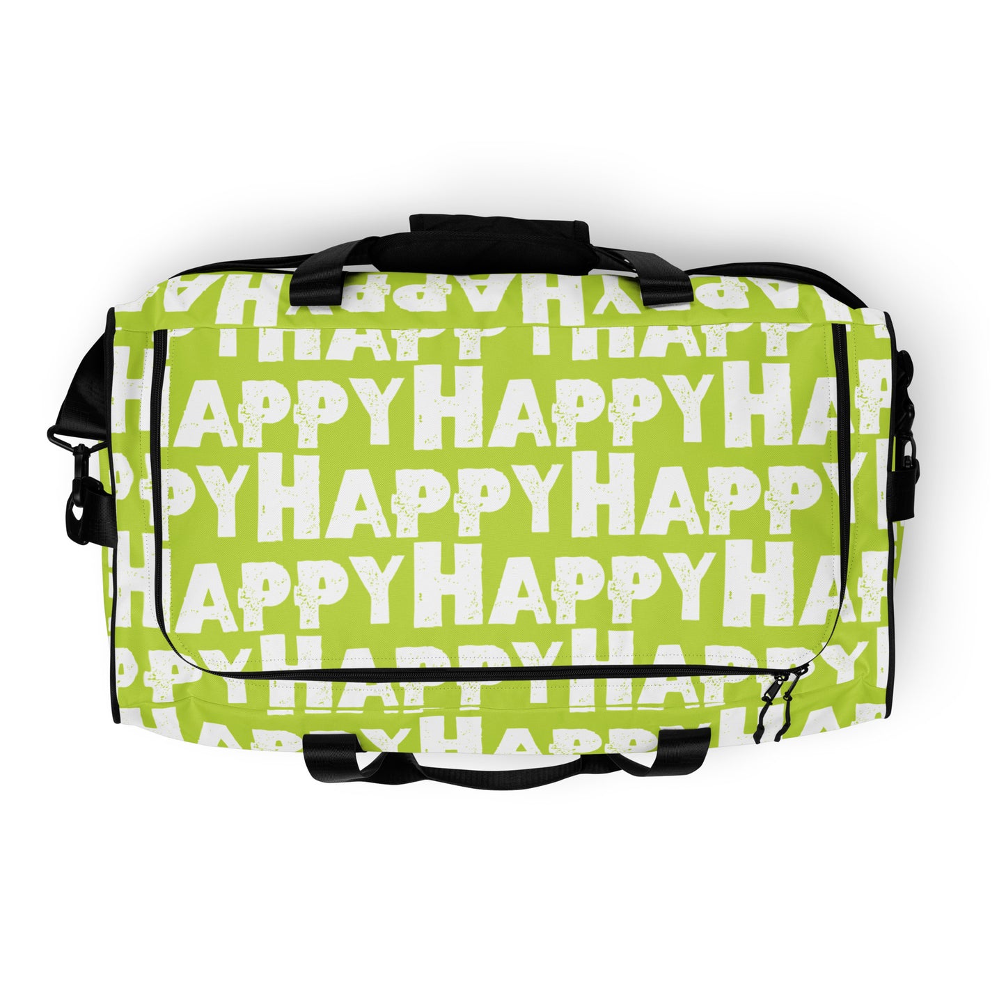 Top view Duffle bag zipper opening Happy sponge print black and white on green water-resistant durable gym bag HappyStuff Brand