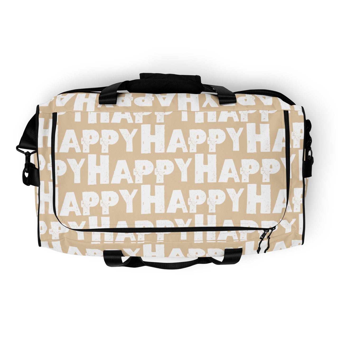 Top view Duffle bag zipper opening Happy sponge print black and white on beige water-resistant durable gym bag HappyStuff Brand