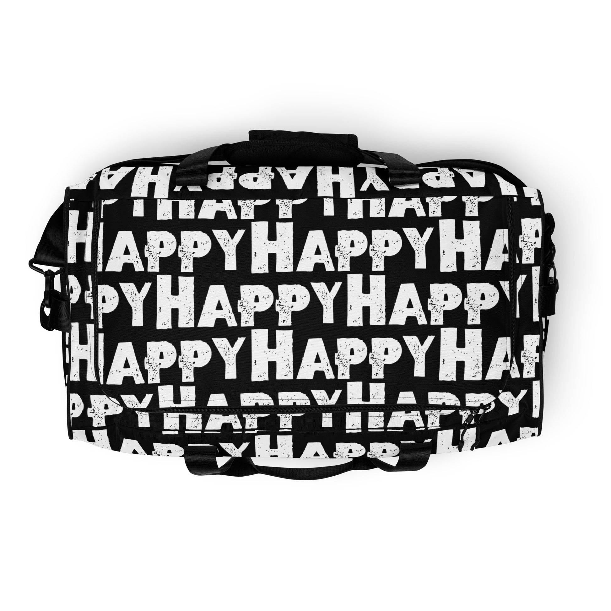 Top view Duffle bag zipper opening Happy sponge print black and white water-resistant durable gym bag HappyStuff Brand