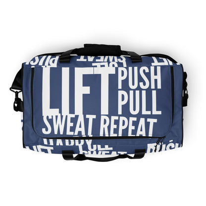 Top view Duffle bag zipper opening Lift Push Pull Sweat Repeat Happy all over print denim blue and white gym bag HappyStuff Brand