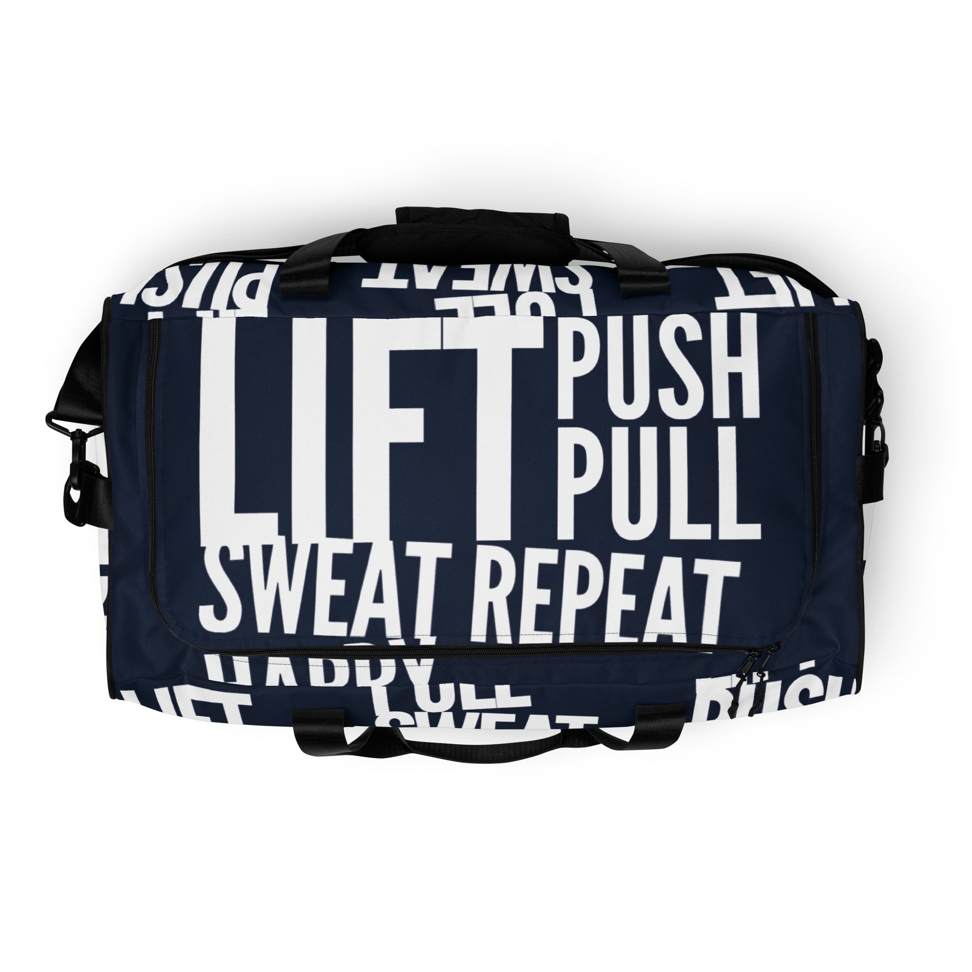 Top view Duffle bag zipper opening Lift Push Pull Sweat Repeat Happy all over print navy blue and white gym bag HappyStuff Brand