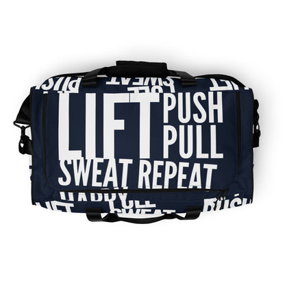 Top view Duffle bag zipper opening Lift Push Pull Sweat Repeat Happy all over print navy blue and white gym bag HappyStuff Brand