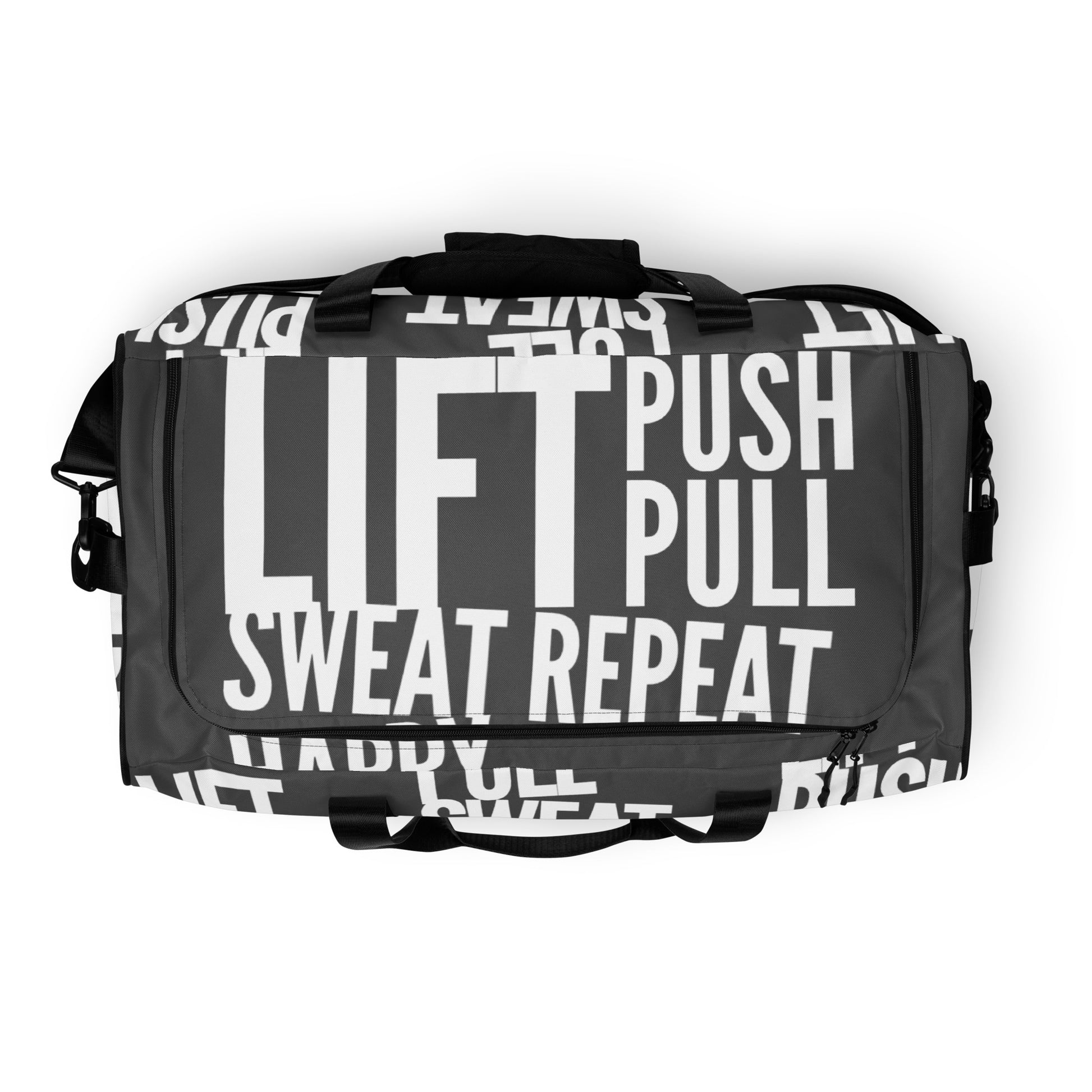 Top view Duffle bag zipper opening Lift Push Pull Sweat Repeat Happy all over print slate grey and white gym bag HappyStuff Brand