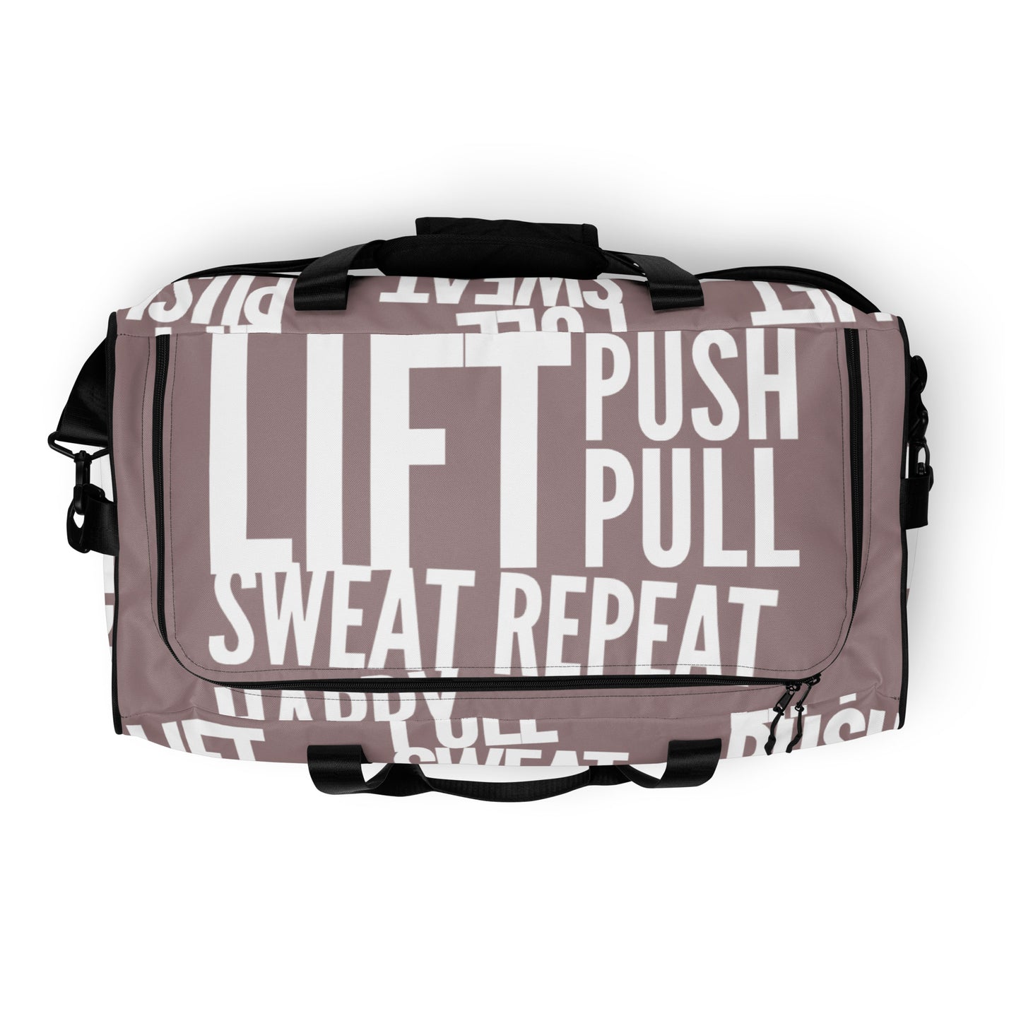 Top view Duffle bag zipper opening Lift Push Pull Sweat Repeat Happy all over print taupe and white gym bag HappyStuff Brand