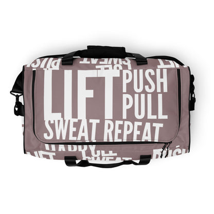 Top view Duffle bag zipper opening Lift Push Pull Sweat Repeat Happy all over print taupe and white gym bag HappyStuff Brand