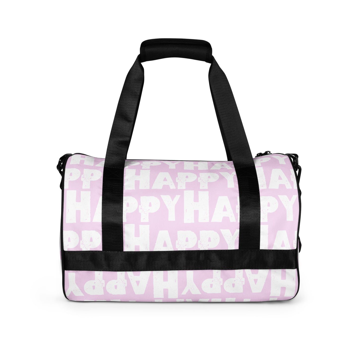 Gym bag Happy sponge print black white on pink water-resistant durable small duffle bag side view padded handles HappyStuff Brand