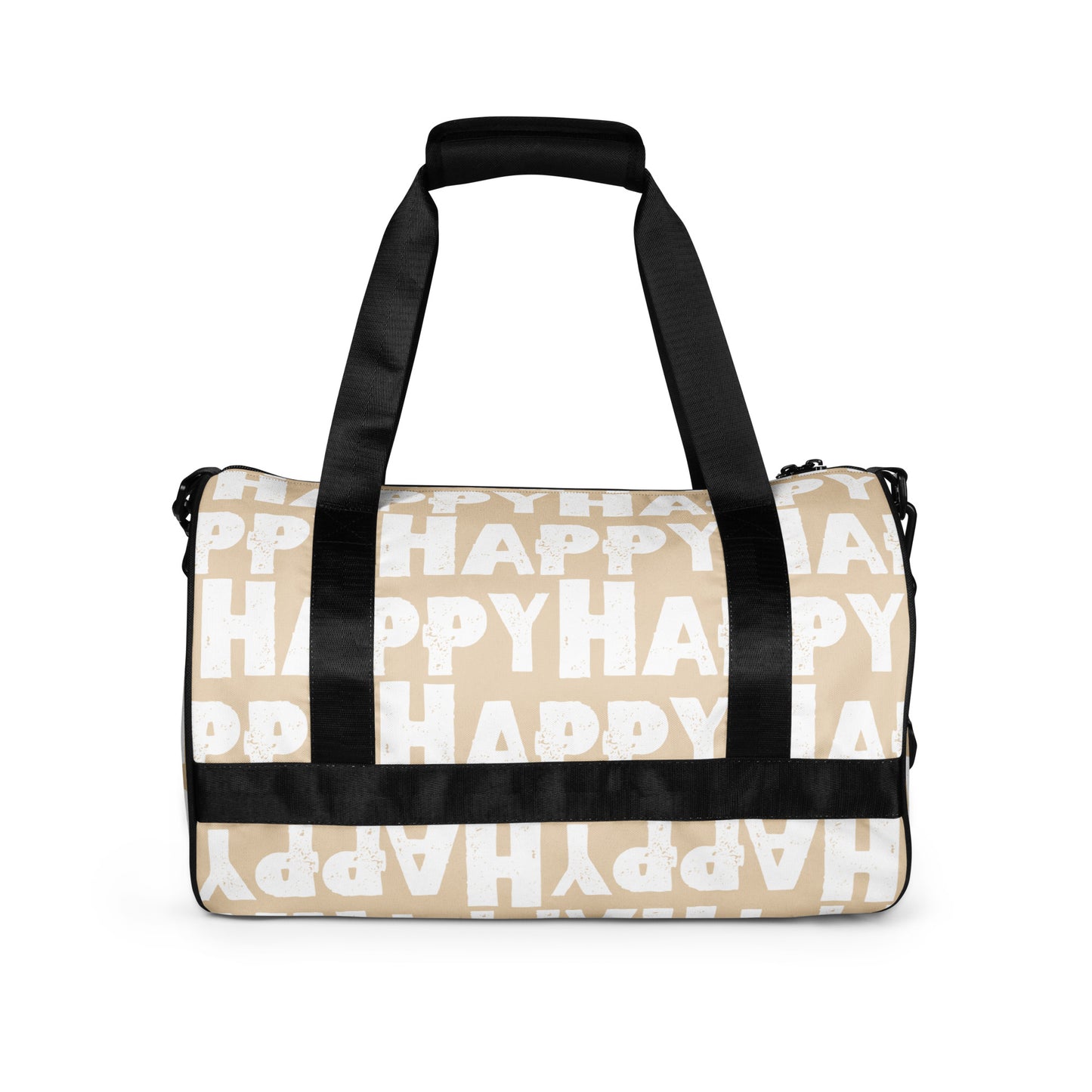 Gym bag Happy sponge print black white on beige water-resistant durable small duffle bag side view padded handles HappyStuff Brand