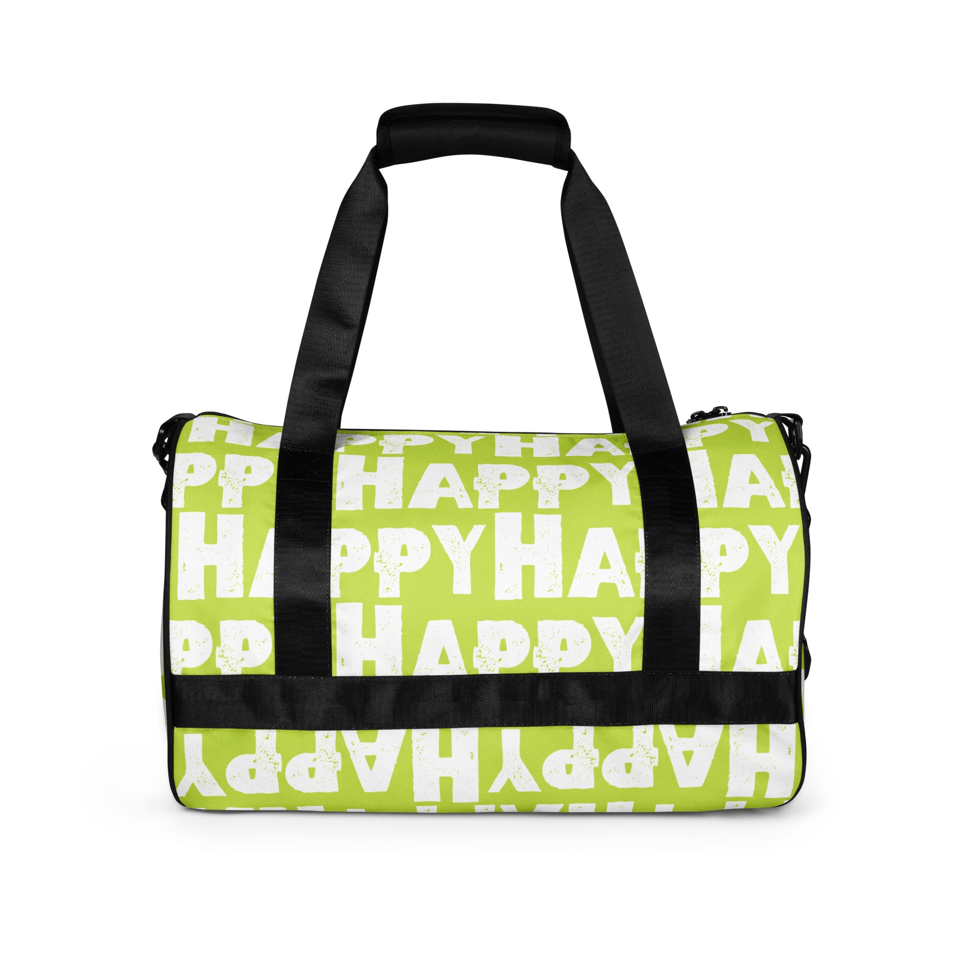 Gym bag Happy sponge print black white on green water-resistant durable small duffle bag side view padded handles HappyStuff Brand