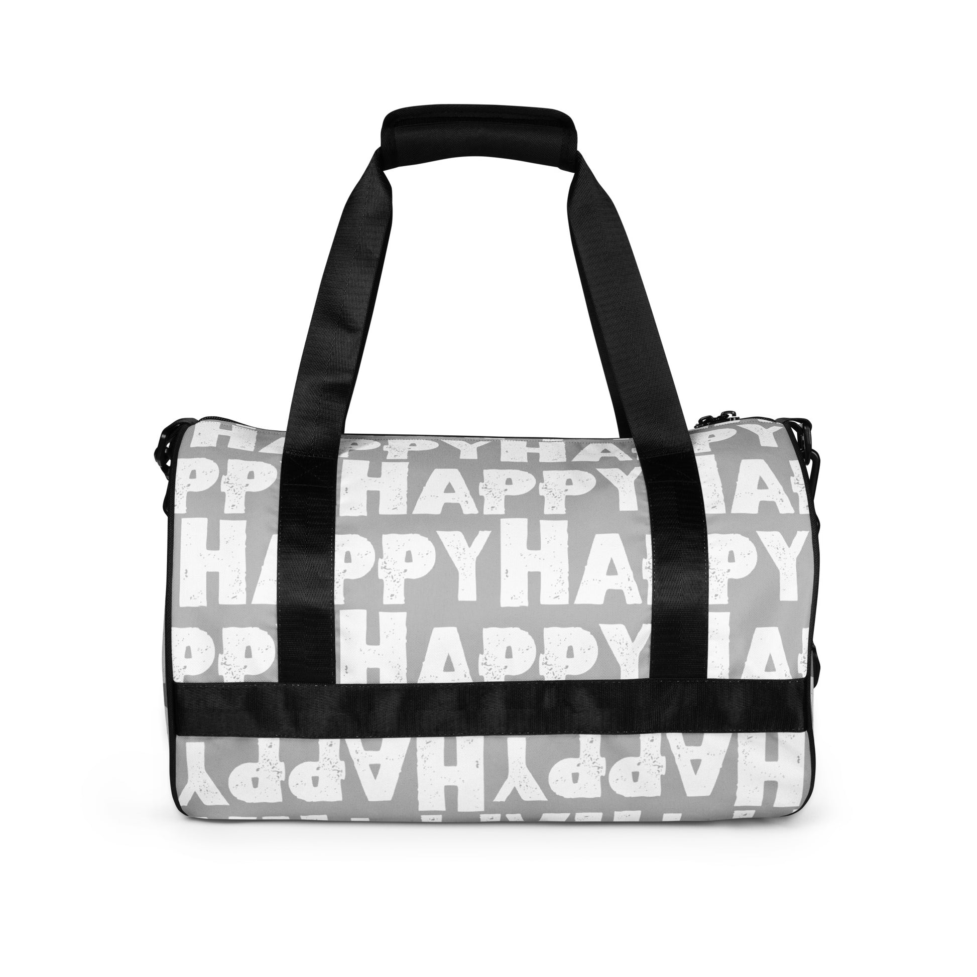 Gym bag Happy sponge print black white on grey water-resistant durable small duffle bag side view padded handles HappyStuff Brand