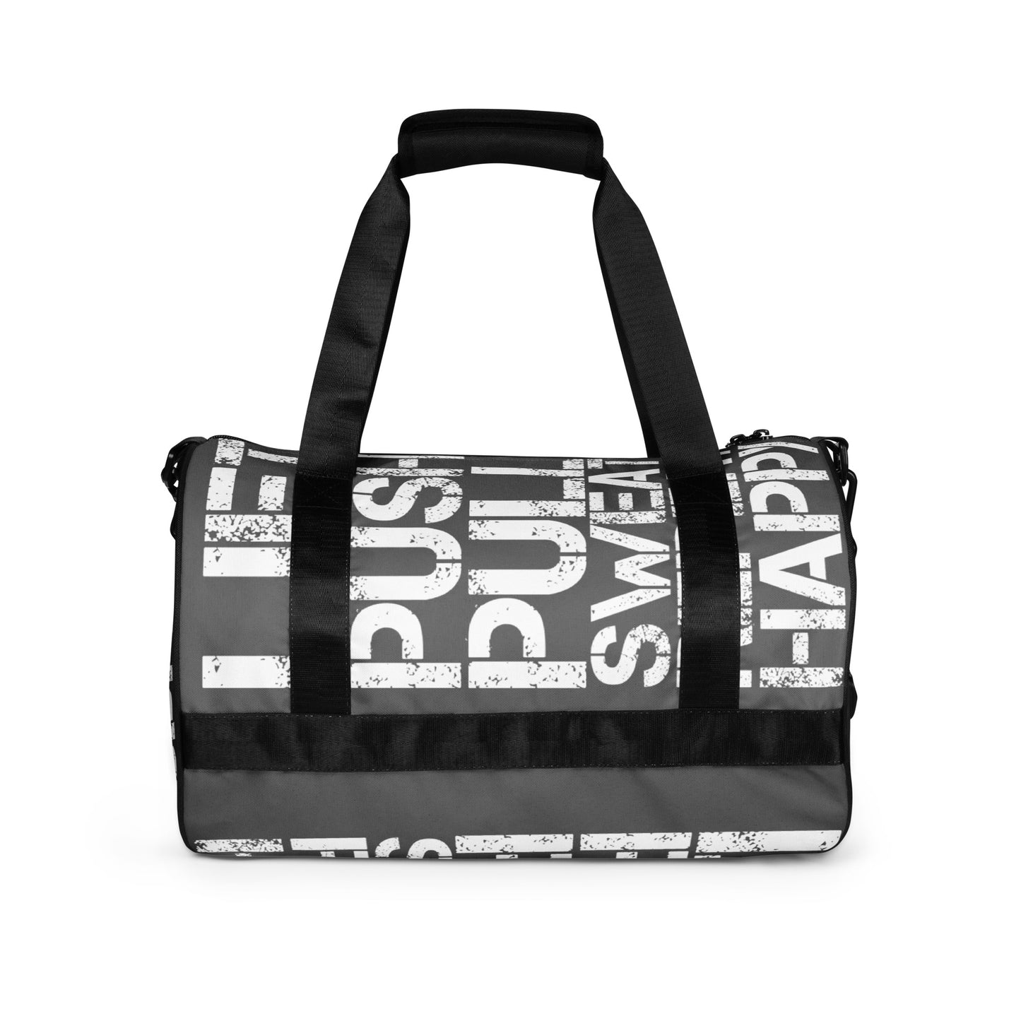 Gym bag slate grey and white all over print Lift Push Pull Sweat Repeat Happy HappyStuff Brand small duffle bag black detail side view padded handles