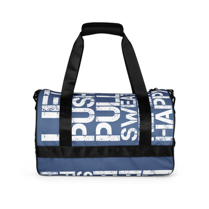 Gym bag denim blue and white all over print Lift Push Pull Sweat Repeat Happy HappyStuff Brand small duffle bag black detail side view padded handles