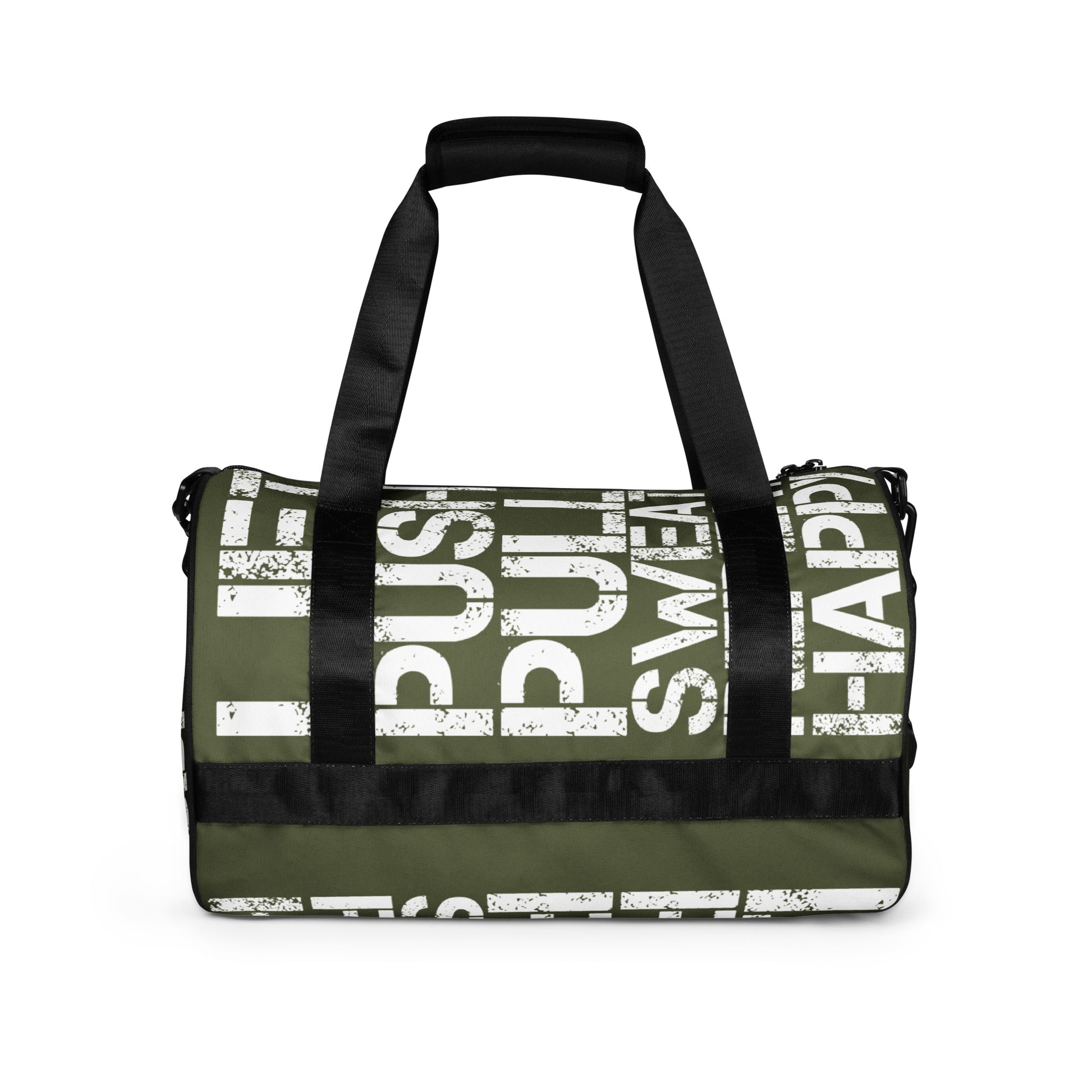 Gym bag khaki green and white all over print Lift Push Pull Sweat Repeat Happy HappyStuff Brand small duffle bag black detail side view padded handles