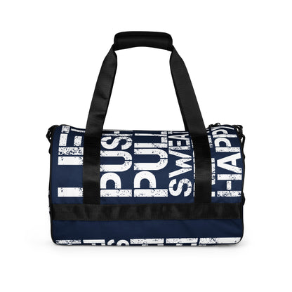 Gym bag  navy blue and white all over print Lift Push Pull Sweat Repeat Happy HappyStuff Brand small duffle bag black detail side view padded handles