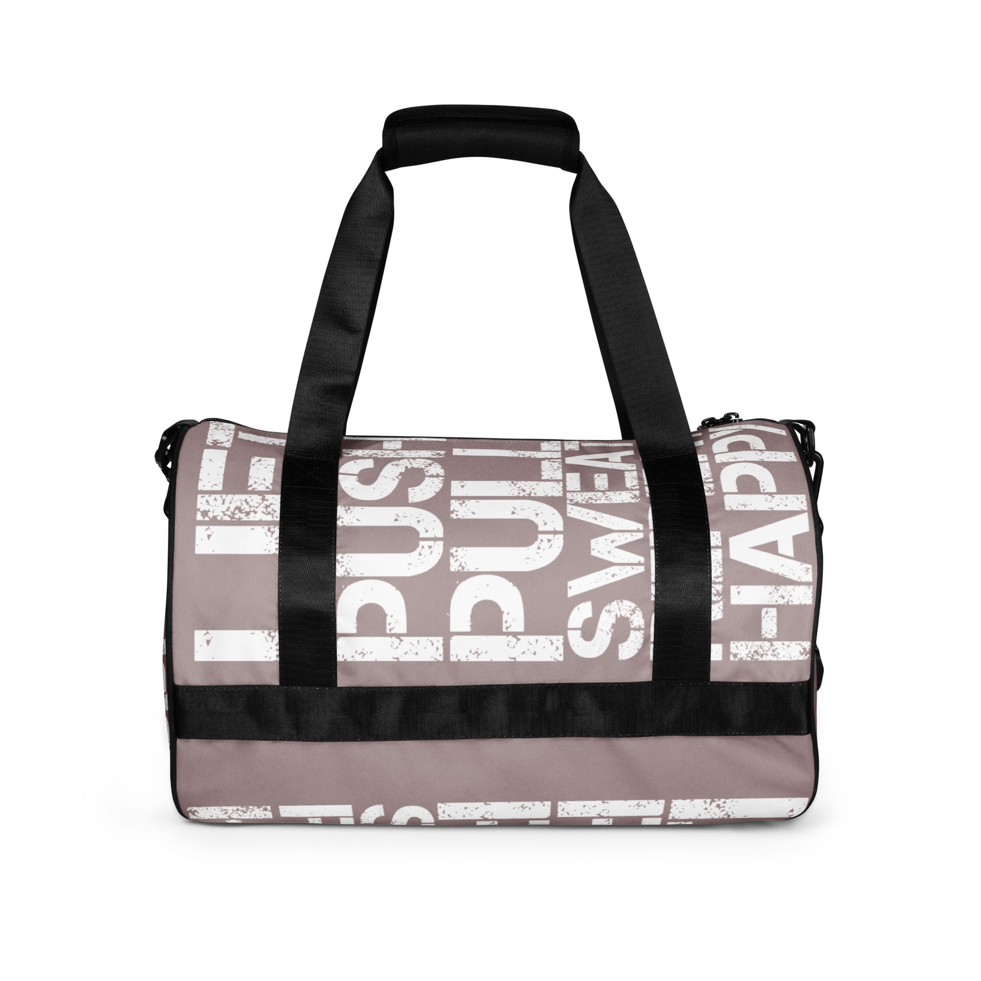 Gym bag taupe and white all over print Lift Push Pull Sweat Repeat Happy HappyStuff Brand small duffle bag black detail side view padded handles