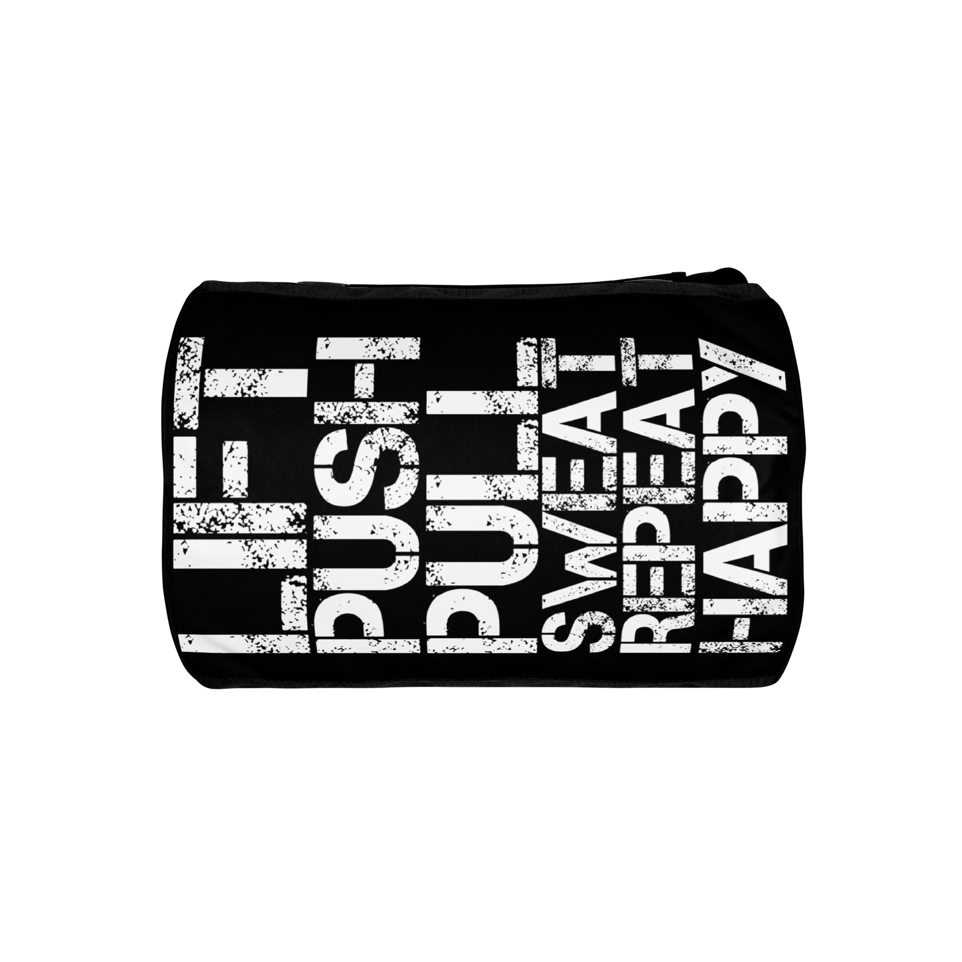 Gym bag underside view black and white all over print Lift Push Pull Sweat Repeat Happy small duffle bag HappyStuff Brand