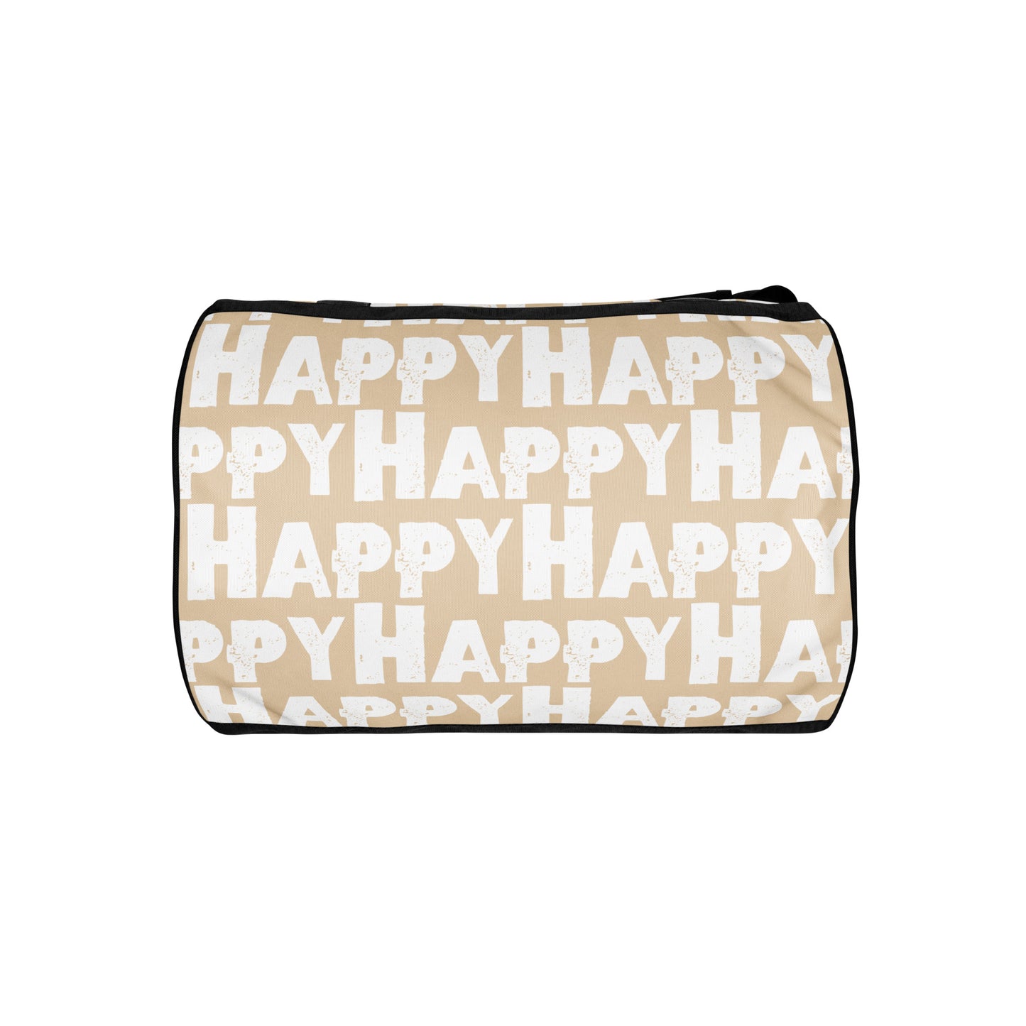 Gym bag underside view Happy sponge print black white on beige water-resistant durable small duffle bag HappyStuff Brand