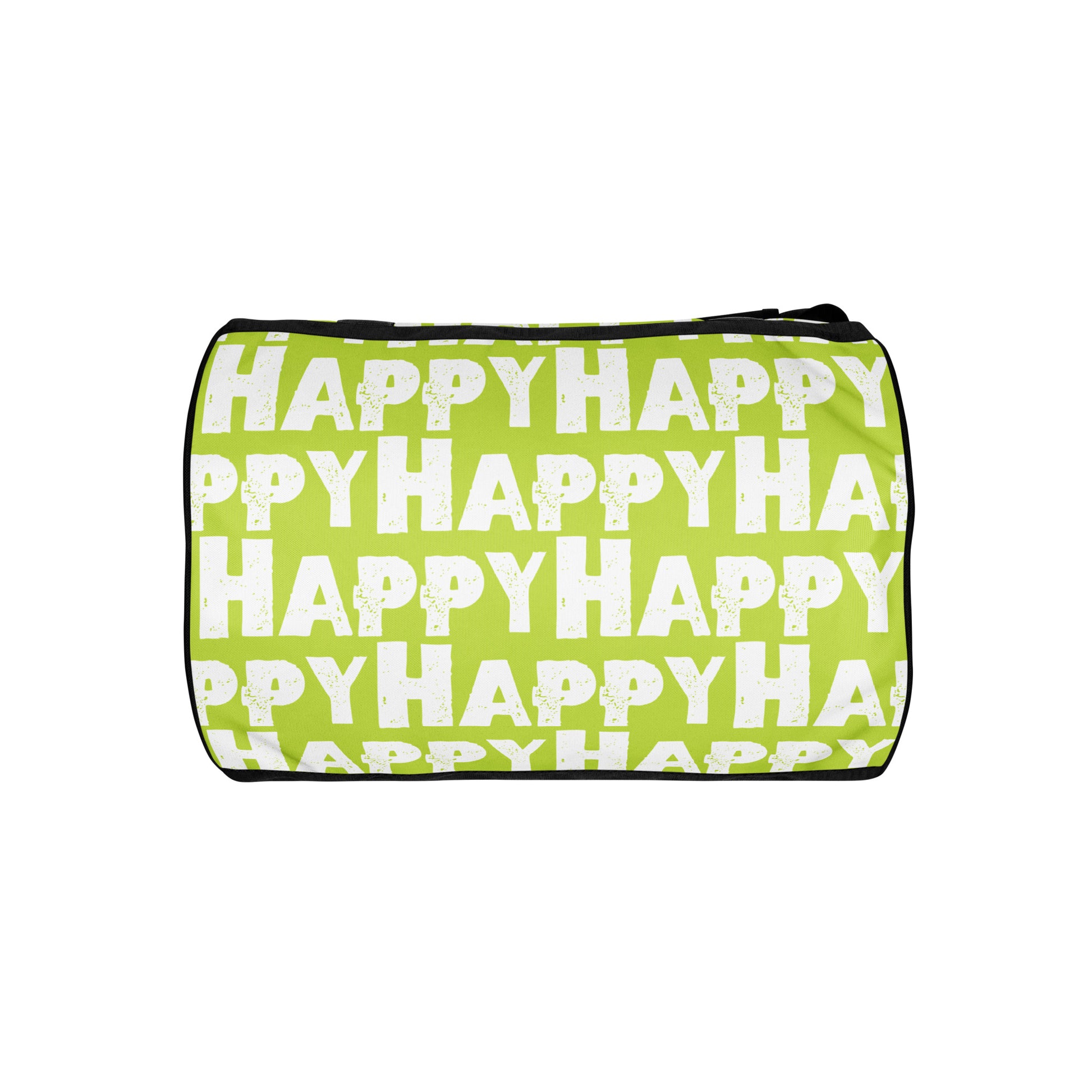 Gym bag underside view Happy sponge print black white on green water-resistant durable small duffle bag HappyStuff Brand