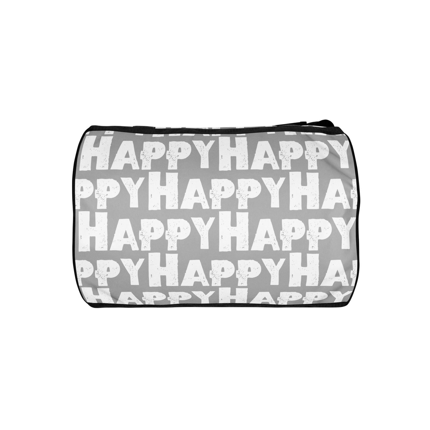 Gym bag underside view Happy sponge print black white on grey water-resistant durable small duffle bag HappyStuff Brand