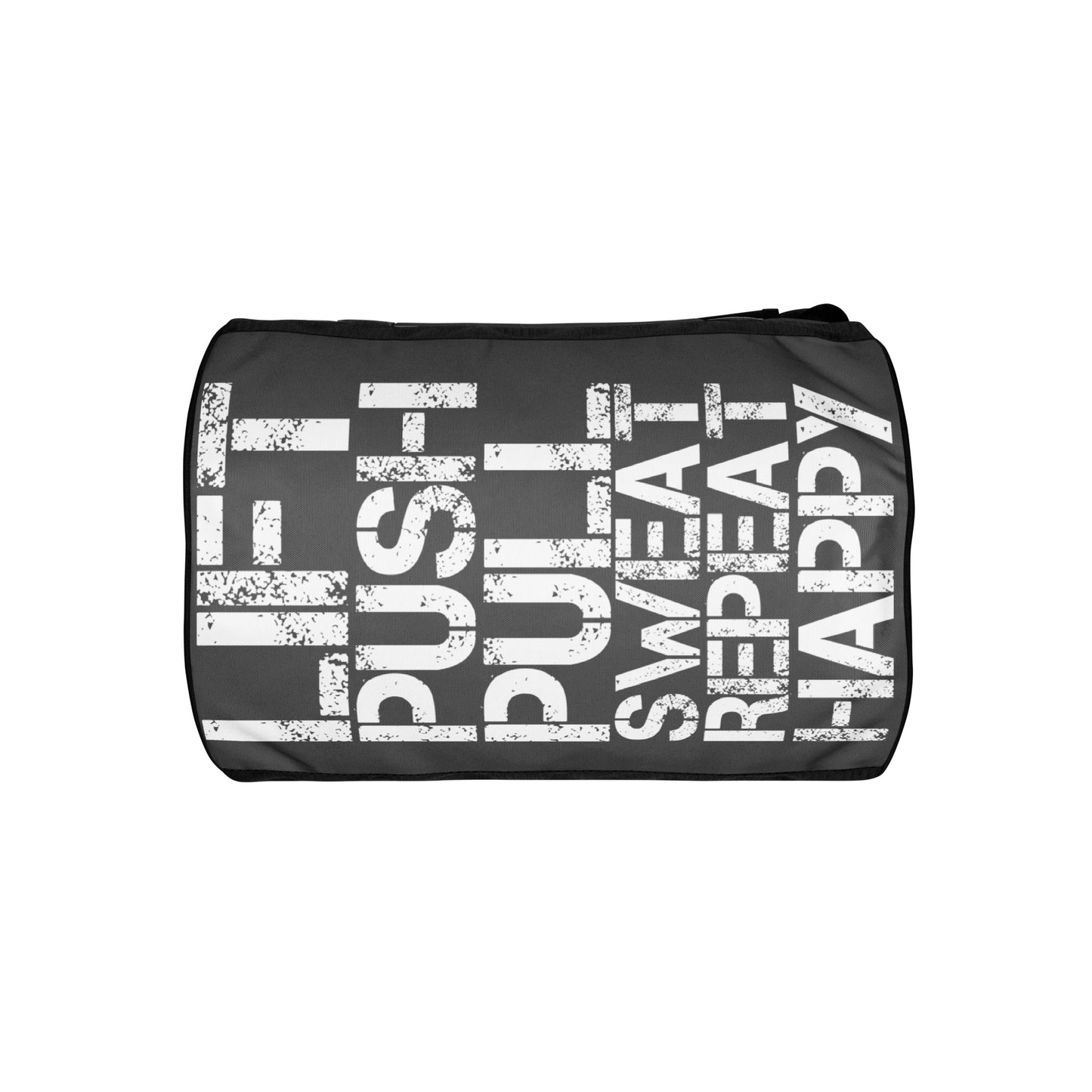 Gym bag underside view slate grey and white all over print Lift Push Pull Sweat Repeat Happy small duffle bag black detail HappyStuff Brand