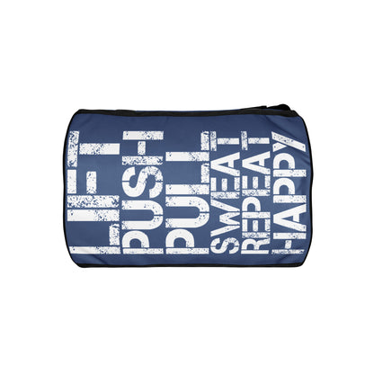 Gym bag underside view denim blue and white all over print Lift Push Pull Sweat Repeat Happy small duffle bag black detail HappyStuff Brand