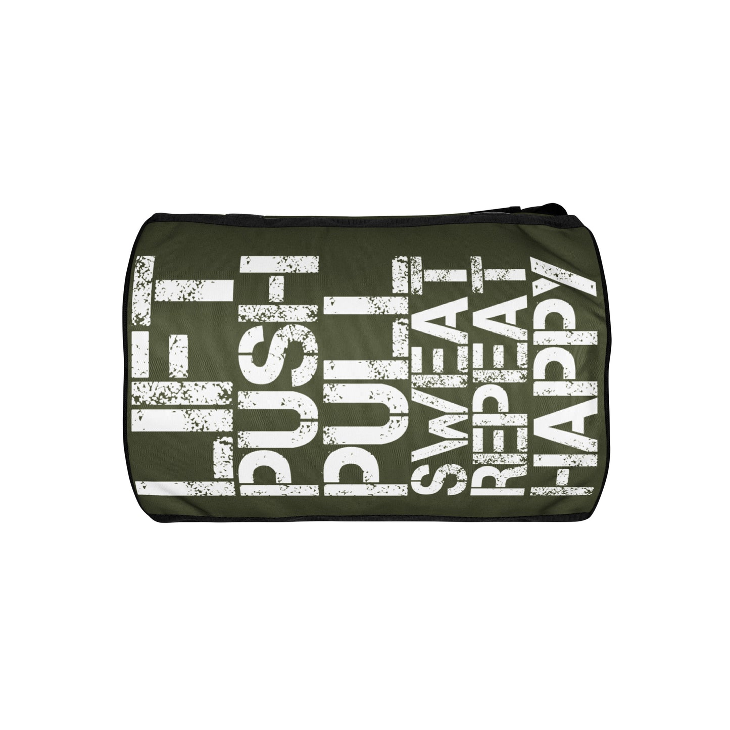 Gym bag underside view khaki green and white all over print Lift Push Pull Sweat Repeat Happy small duffle bag black detail HappyStuff Brand