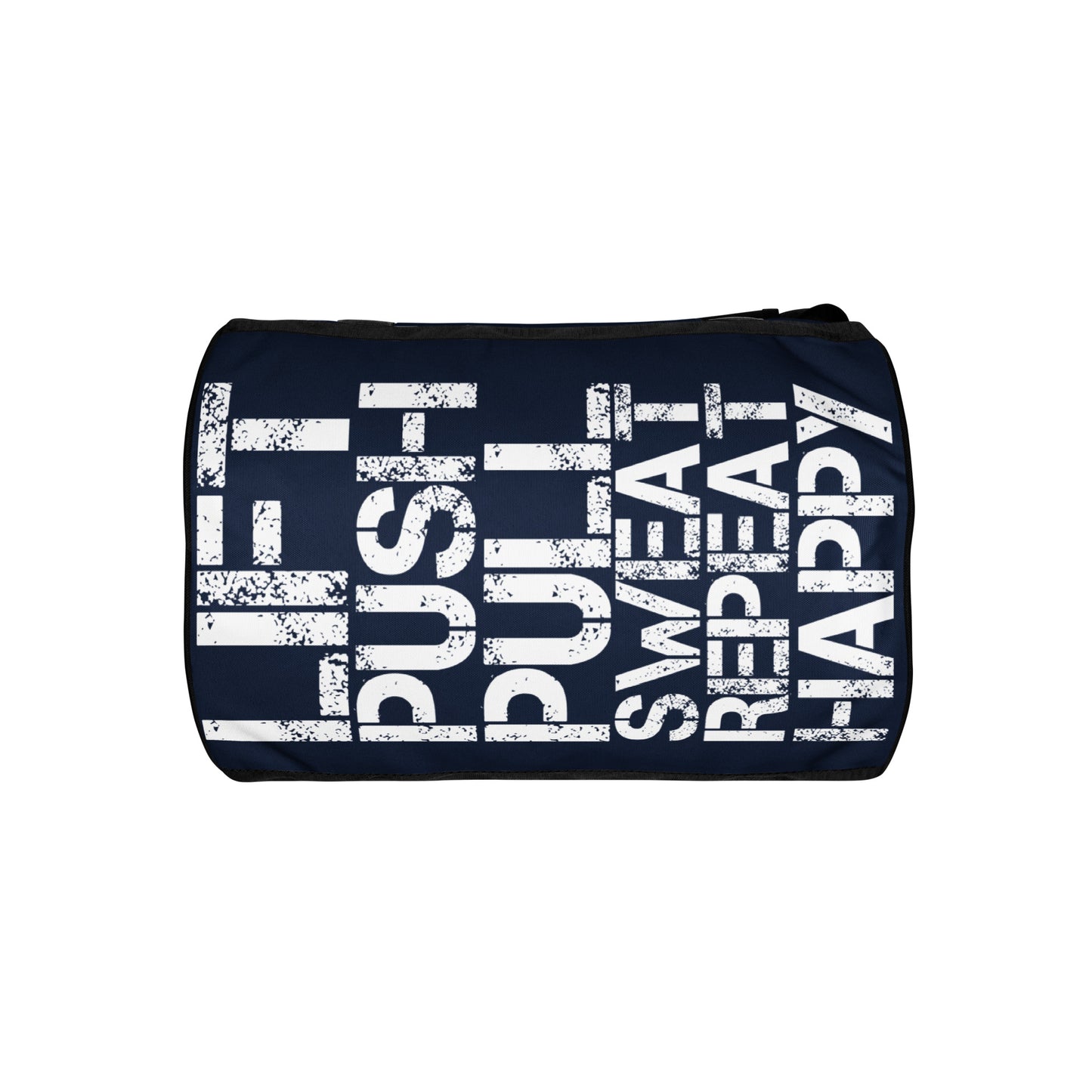 Gym bag underside view navy blue and white all over print Lift Push Pull Sweat Repeat Happy small duffle bag black detail HappyStuff Brand