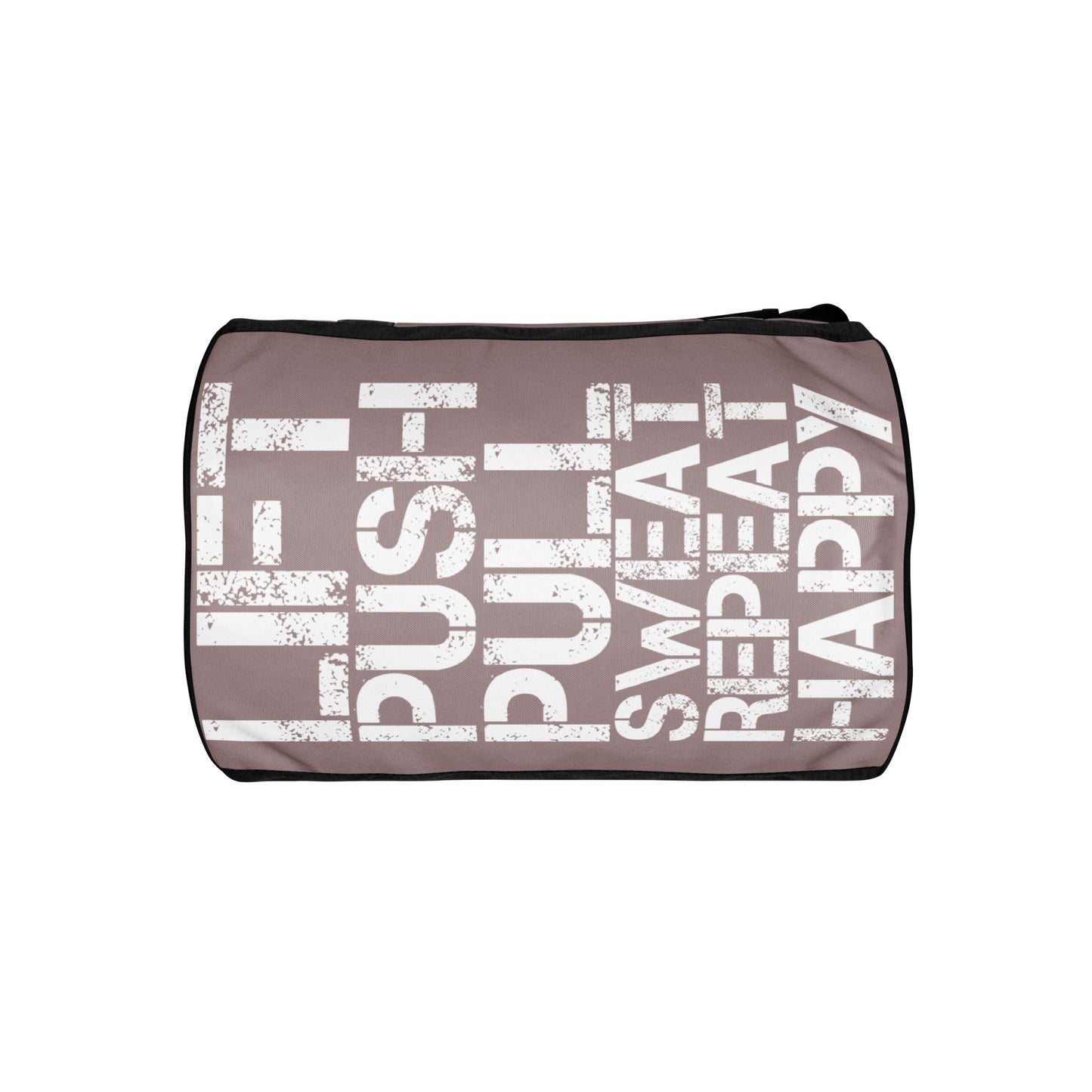 Gym bag underside view taupe and white all over print Lift Push Pull Sweat Repeat Happy small duffle bag black detail HappyStuff Brand