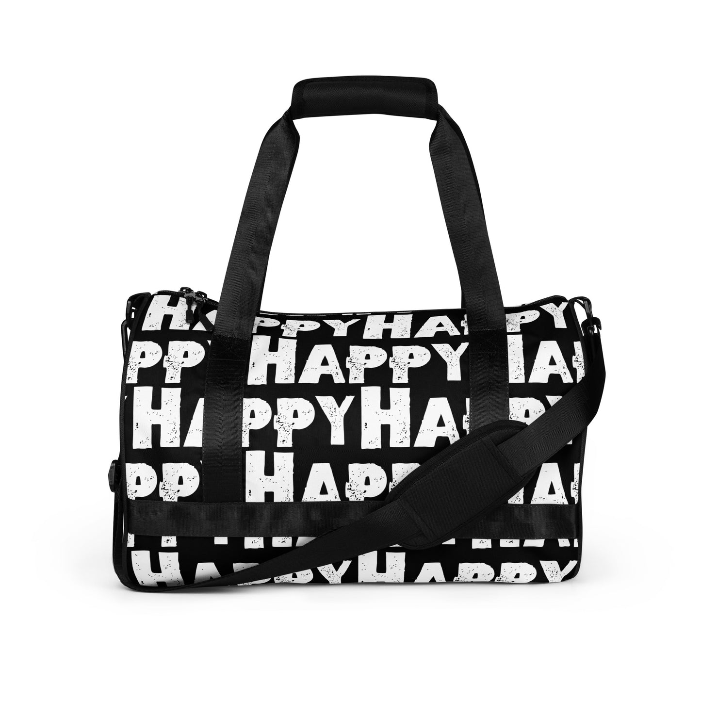 Gym bag Happy sponge print black and white water-resistant durable small duffle bag side view showing handles and strap HappyStuff Brand