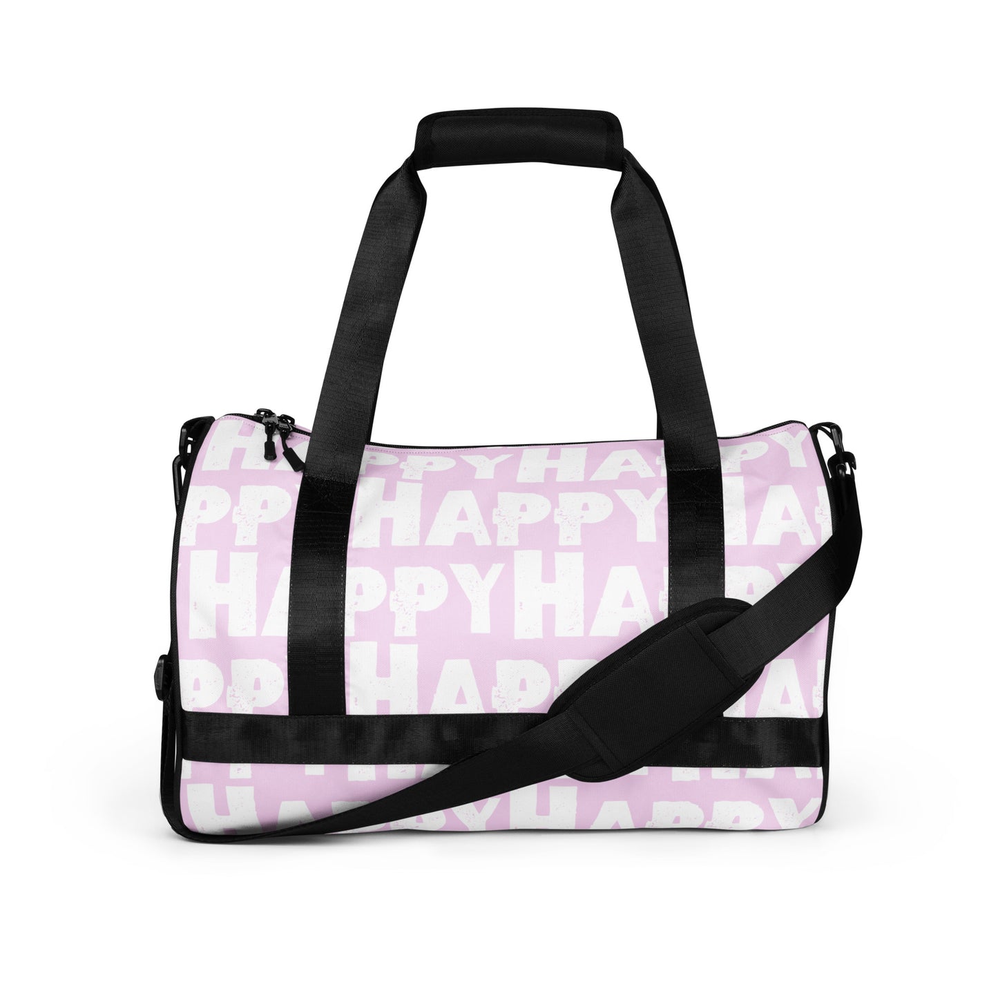 Gym bag Happy sponge print black white on pink water-resistant durable small duffle bag side view showing handles and strap HappyStuff Brand