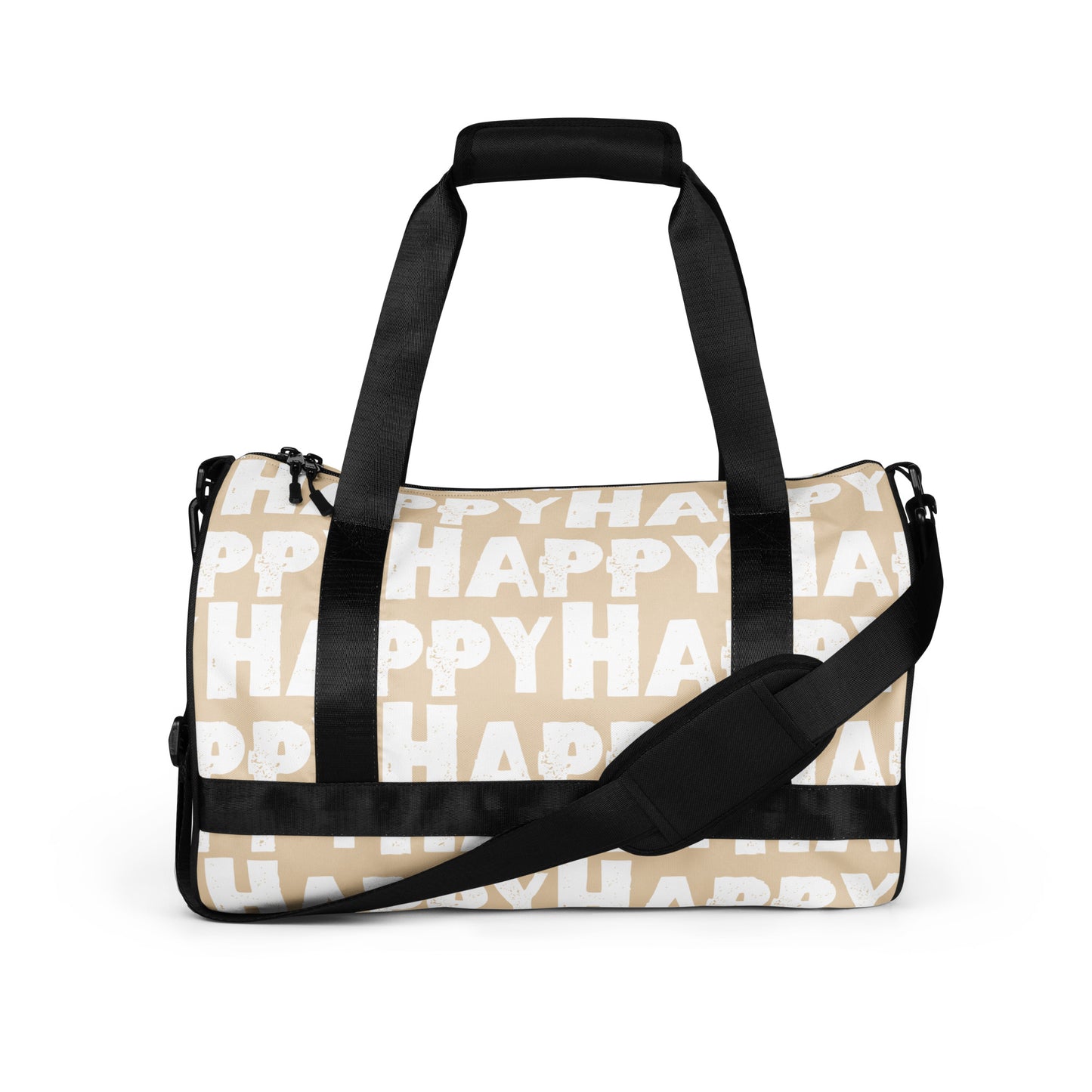 Gym bag Happy sponge print black white on beige water-resistant durable small duffle bag side view showing handles and strap HappyStuff Brand