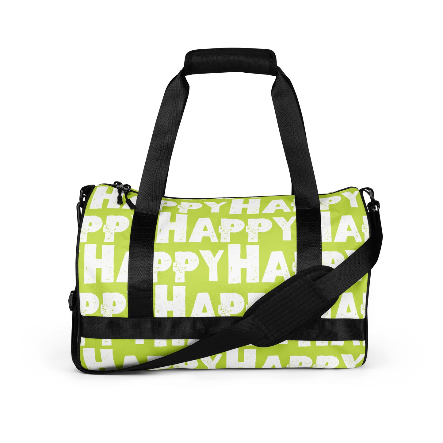 Gym bag Happy sponge print black white on green water-resistant durable small duffle bag side view showing handles and strap HappyStuff Brand