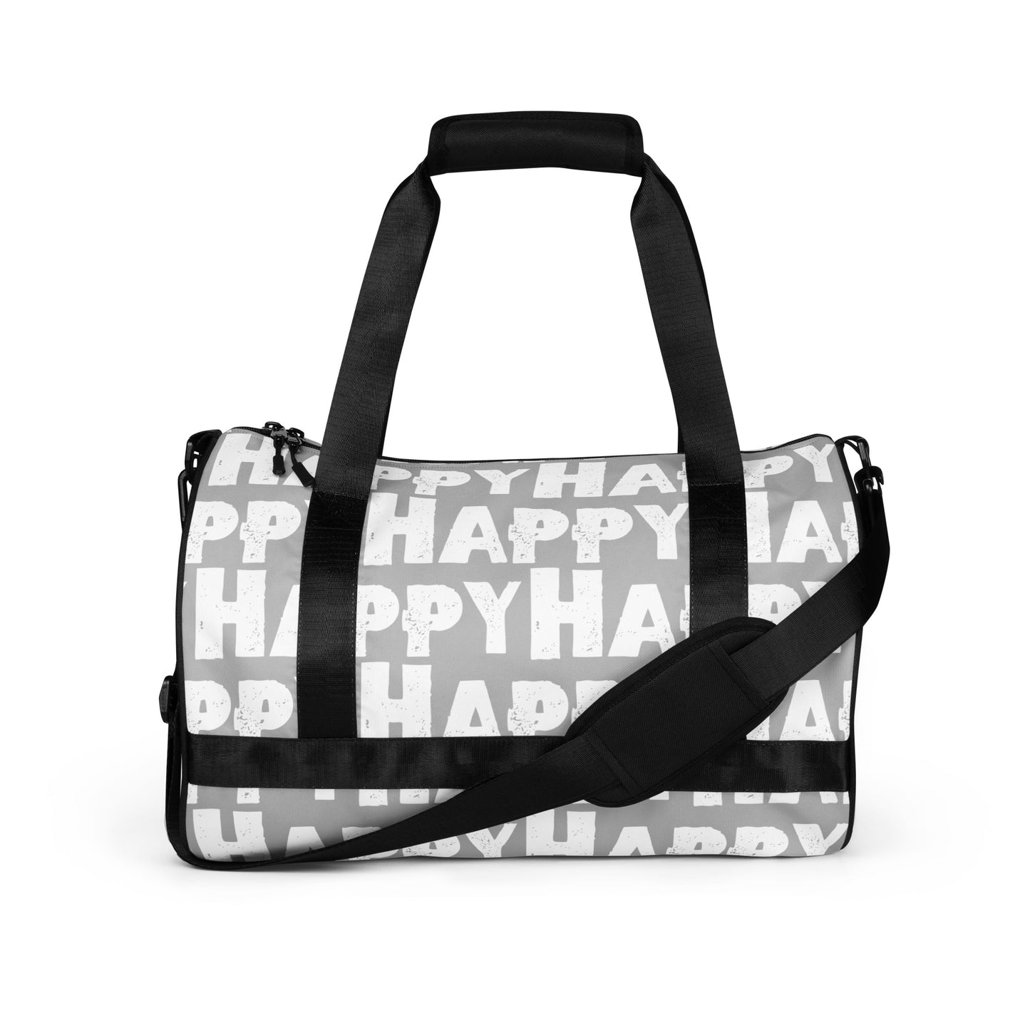 Gym bag Happy sponge print black white on grey water-resistant durable small duffle bag side view showing handles and strap HappyStuff Brand