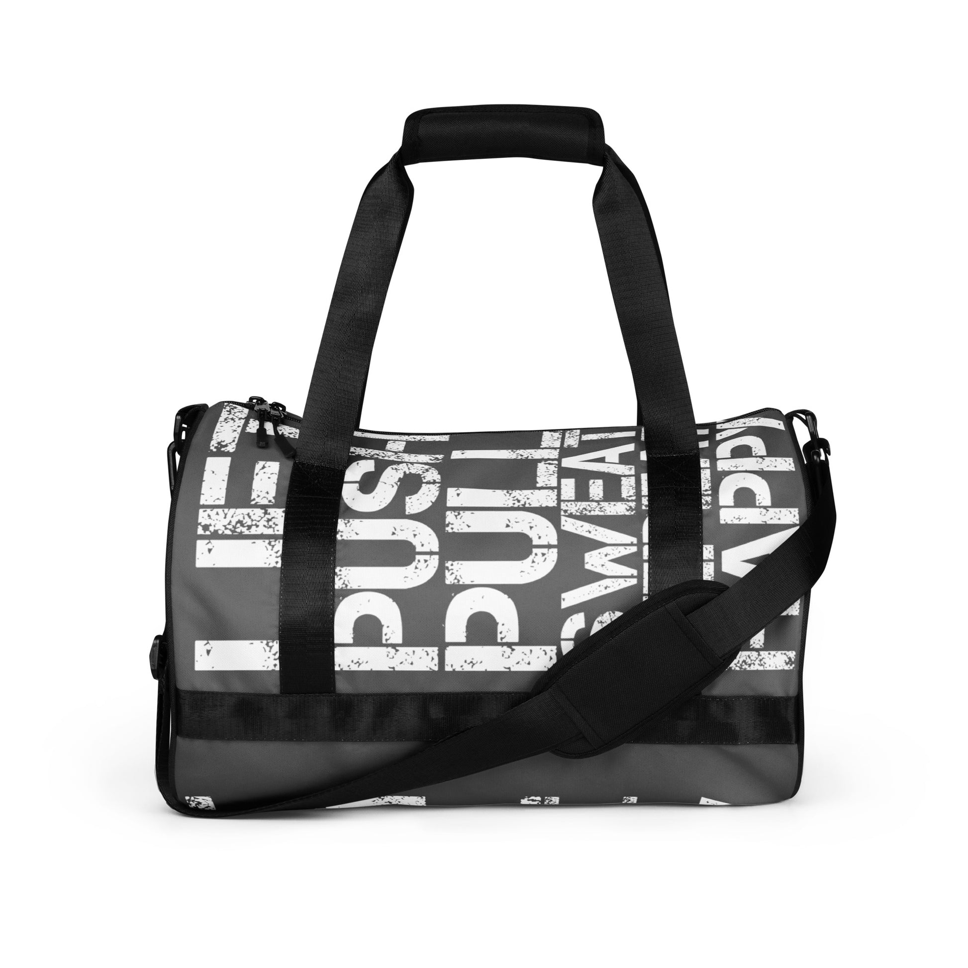 Gym bag slate grey and white all over print Lift Push Pull Sweat Repeat Happy HappyStuff Brand small duffle bag black detail side view showing handles and strap