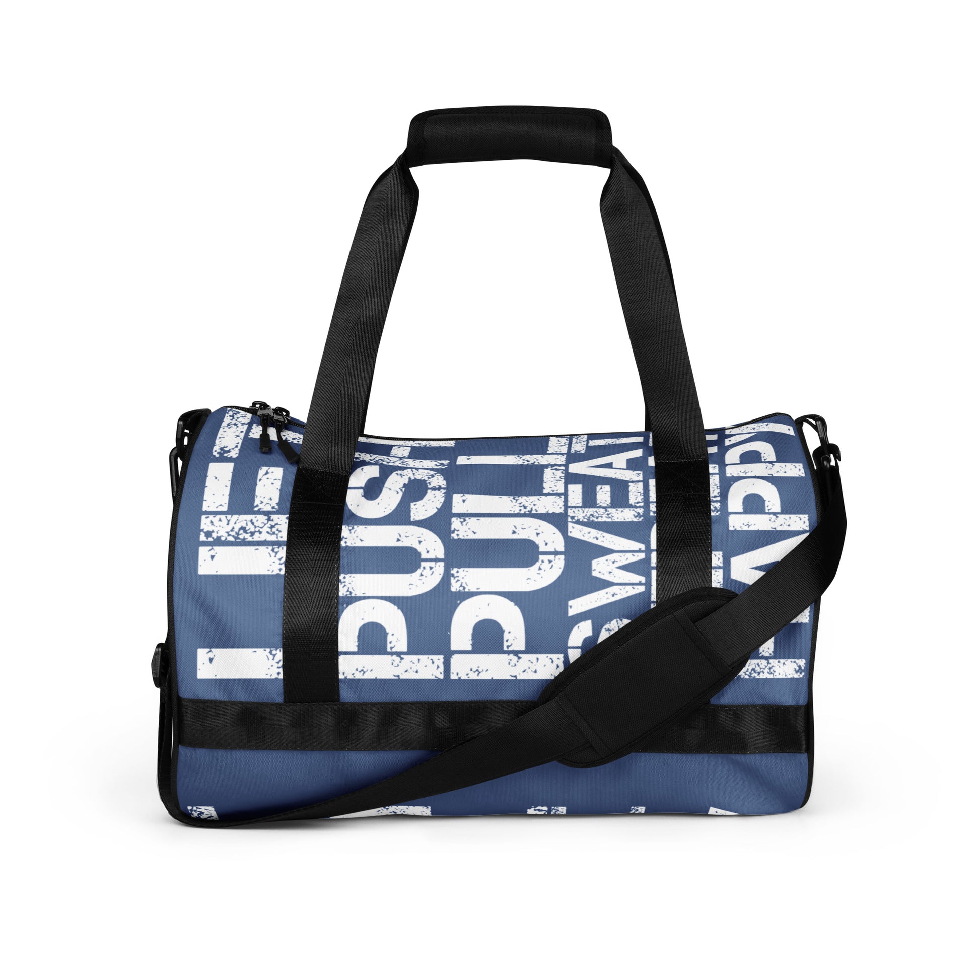 Gym bag navy blue and white all over print Lift Push Pull Sweat Repeat Happy HappyStuff Brand small duffle bag black detail side view showing handles and strap