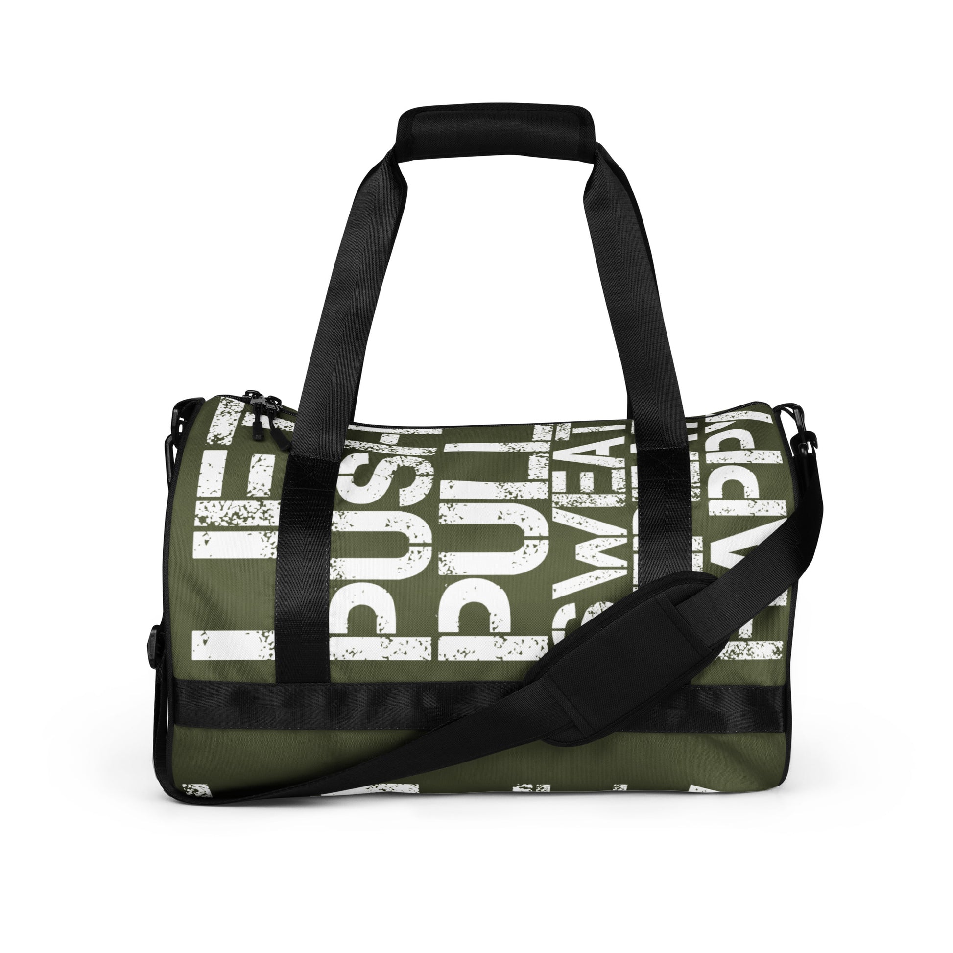 Gym bag khaki green and white all over print Lift Push Pull Sweat Repeat Happy HappyStuff Brand small duffle bag black detail side view showing handles and strap