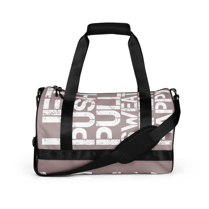 Gym bag taupe and white all over print Lift Push Pull Sweat Repeat Happy HappyStuff Brand small duffle bag black detail side view showing handles and strap