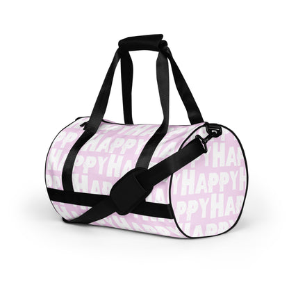 Gym bag Happy sponge print black white on pink small duffle bag angled side view showing handles padded removable shoulder strap HappyStuff Brand