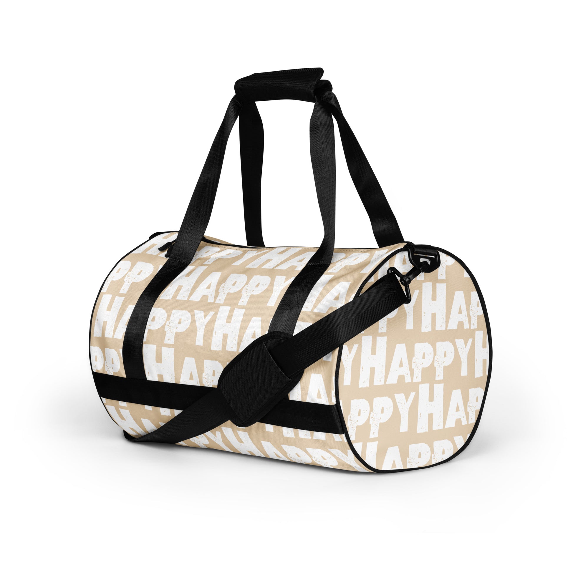 Gym bag Happy sponge print black white on beige small duffle bag angled side view showing handles padded removable shoulder strap HappyStuff Brand