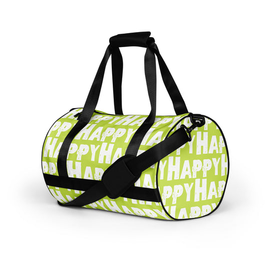 Gym bag Happy sponge print black white on green small duffle bag angled side view showing handles padded removable shoulder strap HappyStuff Brand