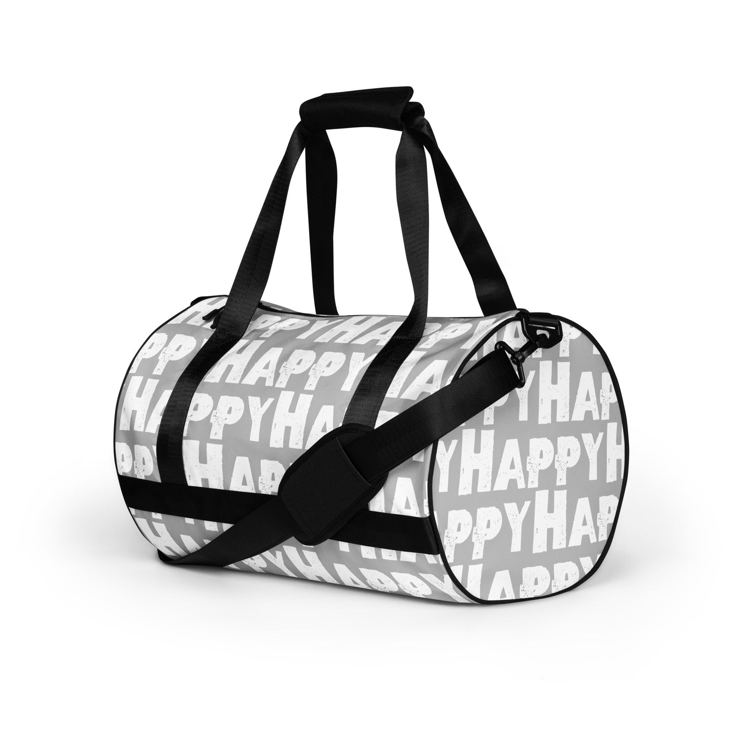 Gym bag Happy sponge print black white on grey small duffle bag angled side view showing handles padded removable shoulder strap HappyStuff Brand