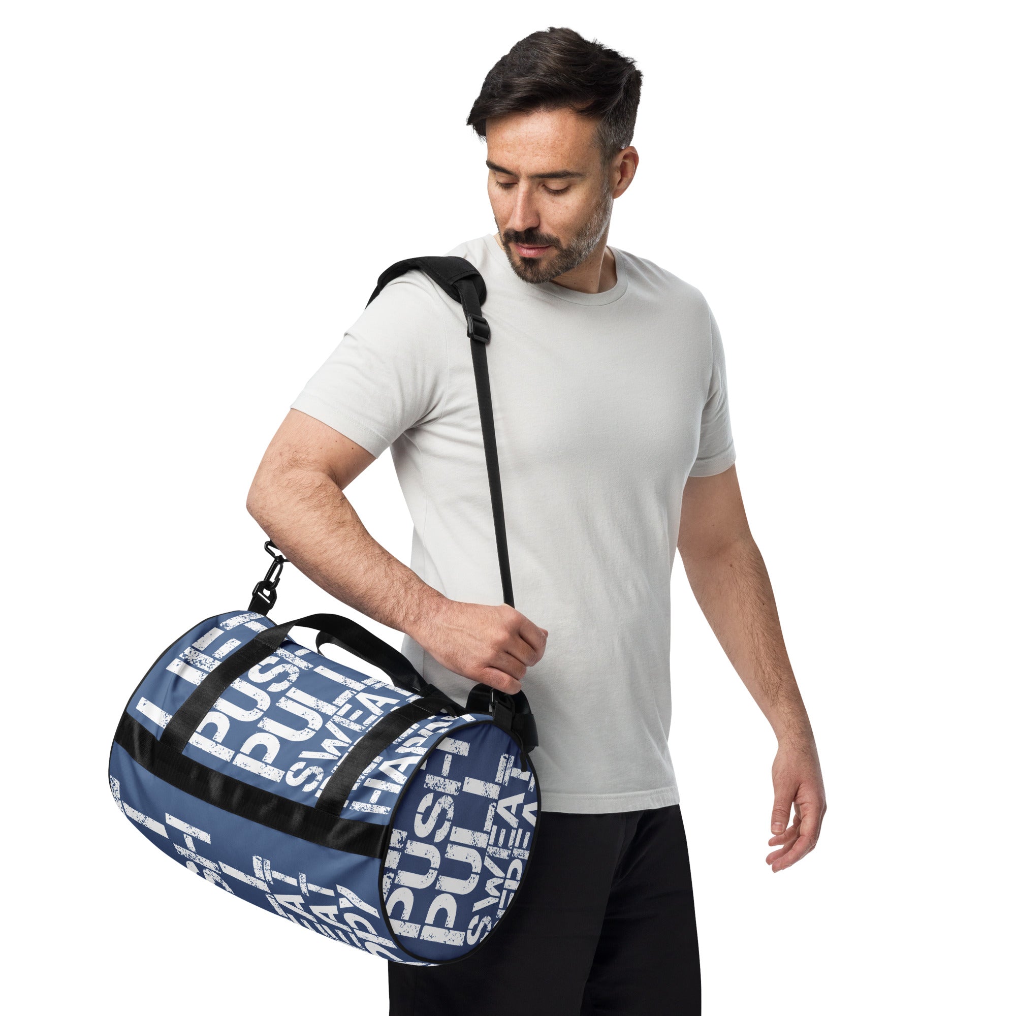 Gym Bag Lift Push Pull Sweat Repeat Happy Distress Print Denim Blue HappyStuff